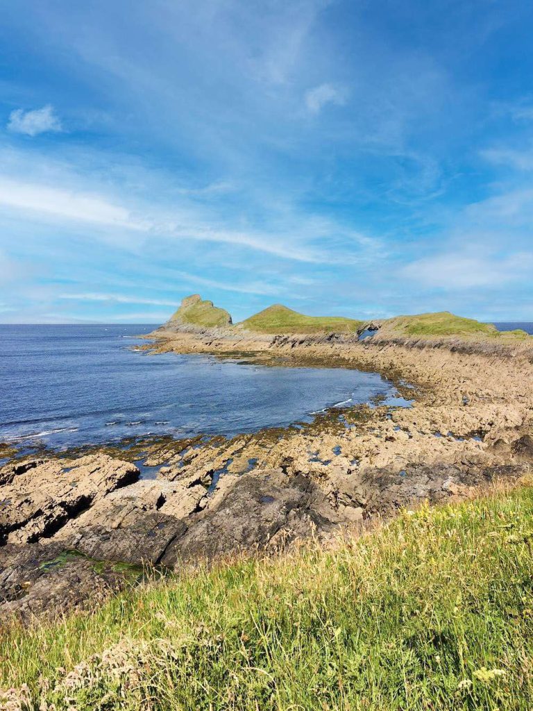 A rocky shore against a blue sea and sky